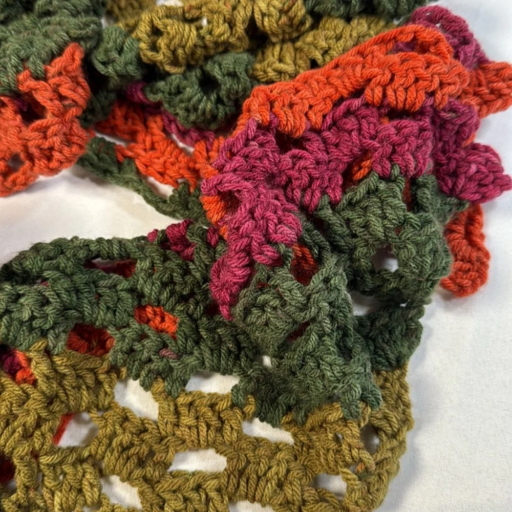 Vintage Handknit Scarf Green Orange Pink Cozy Boho‎ Cottagecore